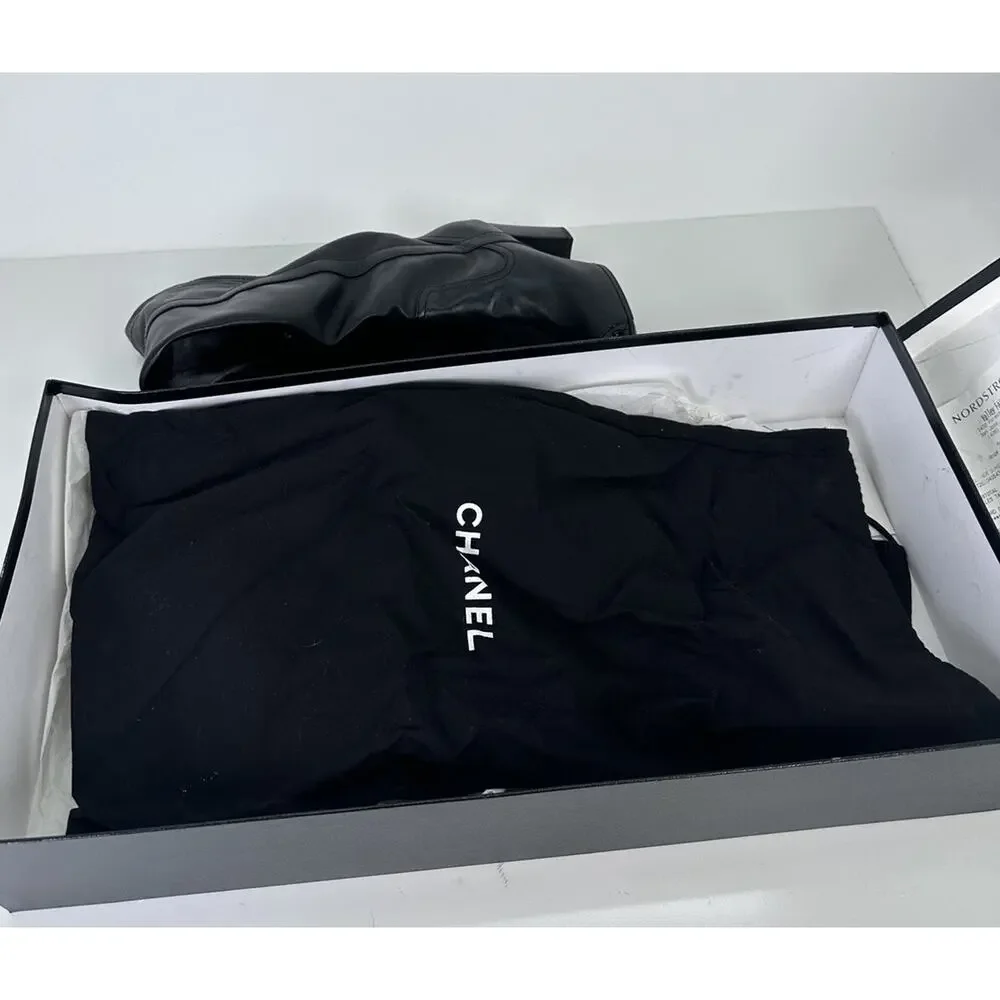 ⭐️ Chanel Black Leather Cap Toe Over The Knee Boots Sz 37 / 7 - Picture 15 of 16